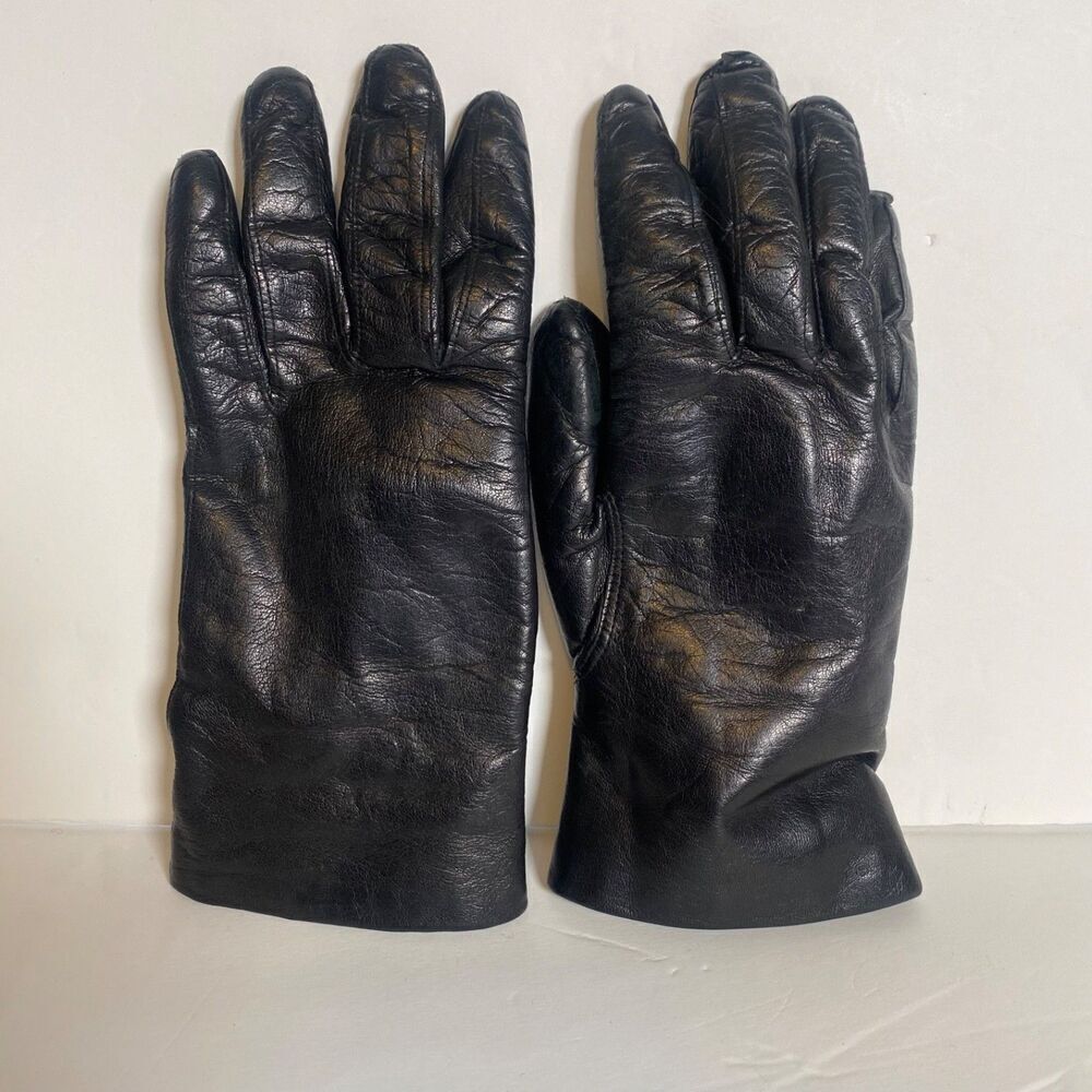 Astor One Italy Black Leather Gloves Rabbit Fur Lined Size 6.5